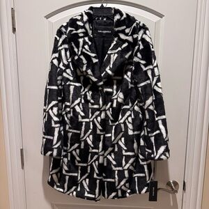 Karl Lagerfeld Paris Black n White Monogram Faux Fur Coat Size Medium NWT